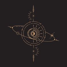 an image of the sun and planets in gold on a black background, with stars around it