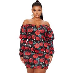 Puff Sleeve Dress Off-shoulder Floral Print Mini Dress For Night Out, Chic Rose Print Mini Dress For Parties, Chic Rose Print Dress For Night Out, Chic Night Out Dress With Rose Print, Black Rose Print Dress For Night Out, Puff Sleeve Bodycon Dress, Leslie Sidora, Outrageous Fashion, Bardot Bodycon Dress