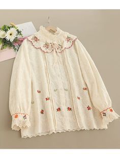 46954279993586 Cotton Blouse With Floral Embroidery And Doll Collar, White Doll Collar Top With Floral Embroidery, White Floral Embroidered Top With Doll Collar, Embroidered Long Sleeve Cream Blouse, Cream Embroidered Long Sleeve Tops, Cream Collared Embroidered Top, Cream Embroidered Collared Top, White Blouse With Floral Embroidery And Doll Collar, Cottagecore Long Sleeve Blouse With Floral Embroidery