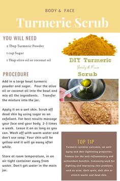 Turmeric Body Scrub, Turmeric Scrub, Diy Body Scrub Recipes, Turmeric Face, Natural Skin Care Ingredients, Body Scrub Recipe, Turmeric Face Mask, Skin Care Ingredients, Natural Skin Care Remedies