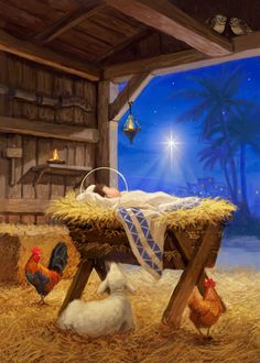 a painting of a baby jesus in the manger scene with chickens and a lamb