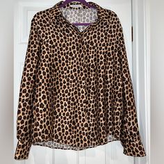 - 100% Polyester - Size 48 Or L/Xl - Button Down Long Sleeve Fitted Leopard Print Blouse For Work, Fall Leopard Print Tops With Buttons, Leopard Print Long Sleeve Top With Buttons, Leopard Print Button-up Top For Work, Long Sleeve Leopard Print Top With Buttons, Fall Leopard Print Button-up Blouse, Leopard Print Button-up Top With Buttons, Trendy Leopard Print V-neck Blouse, Leopard Print Button-up Top