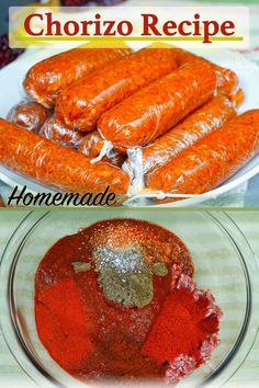 there are two pictures showing how to make homemade chorizo recipe for hot dogs