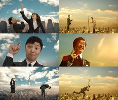 multiple pictures of people doing different things in the same place with sky and clouds behind them