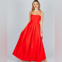 Cherry Red Ballgown. Perfect For Galas Or Black Tie Events. Spaghetti Strap, Full Skirts. Fit And Flare. Red Gown With Pleated Bodice For Evening, Red Satin Dress With Pleated Bodice, Red Evening Gown With Pleated Bodice, Evening Gown With Pleated Bodice In Red, Red Pleated Bodice Evening Dress, Red Satin Bridesmaid Gown, Red Maxi Gown For Prom Season, Red Satin Maxi Evening Dress, Red Ball Gown Maxi Dress For Wedding