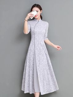 Gray&Coffee Lace A-line Long Cheongsam Ao Dai – uoozee Qi Pao, Chinese Style Dress, Kurti Designs Party Wear, Cheongsam Dress, Designs For Dresses, Chinese Dress, Cheongsam, Kurti Designs, Stylish Dresses