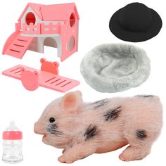 the toy pig is next to its accessories