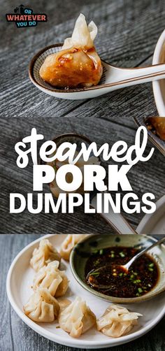 steamed pork dumplings on a plate with dipping sauce and chopsticks next to them