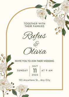 a wedding card with white flowers and greenery on the front, in gold frame