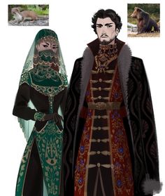 two people dressed up in medieval clothing and one is wearing a green cape with an animal on it