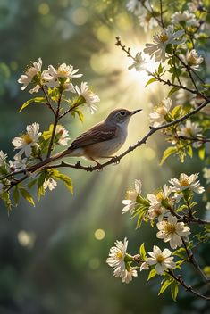 a small bird perched on top of a tree branch with white flowers in the foreground