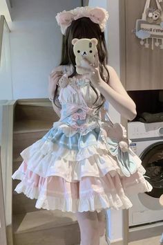 Blue/Pink [First Love Bear] Multi-Layered Ruffle Bowknot Lace Sweet L – LolitaInside Punk Dress, Love Bear, Sweet Lolita, 4 Way Stretch Fabric, Lace Fashion, Lolita Dress, Gothic Lolita, Xl Dress, Dresses Xs