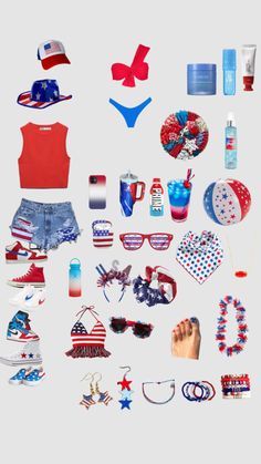 an assortment of patriotic items are displayed on a white surface with red, white and blue accessories