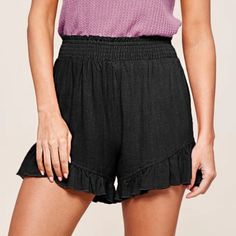 La Miel Black Flowy Ruffle Shorts Denim Short Dresses, Basic Shorts, Comfy Shorts, Denim Leggings, Linen Shorts, Sweater And Shorts, Sheer Fabrics, Casual Wardrobe, Summer Wardrobe