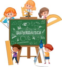 kids standing in front of a blackboard with the word mathematics written on it illustration