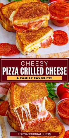 cheesy pizza grilled cheese sandwich with tomato sauce