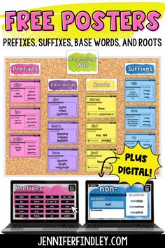 a bulletin board with two laptops on it and the text free posters pre - fixes, suffixes, base words, and roots