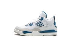 The Air Jordan 4 PS "Military Blue" is the preschool sizing of an original colorway of Michael Jordan’s fourth signature shoe that was re-released in May 2024.  The Jordan 4 “Military Blue” is one of the retro basketball sneaker’s original colorways, and one of its rarest, too.  The style was only released twice before, in 1989 and 2006, until it was brought back in 2024.  The modern version of the “Military Blue” remains faithful to the original look, in that it features the same shape, color b Blue Air Jordan 4 Sporty Shoes For Sports, Jordan 4 Military Blue Outfit, Blue High-top Air Jordan 4, Jordan 4 Military Blue Outfit Men, Jordan 4 Military Blue, Blue Jordans, Basketball Sneakers, Kids Jordans, Blue Accents