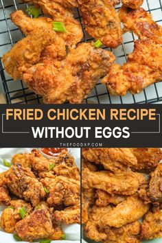 fried chicken recipe without eggs on a cooling rack with text overlay that reads fried chicken recipe without eggs