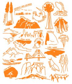 an orange and white poster with trees, mountains, and other things in the background