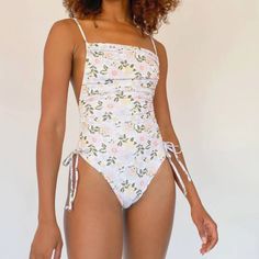 Floral Print Reversible Silhouette Square Neckline With Drawstring Shoulder Straps With Tie Closures At Waist Lined Sl1/T17 White Swimwear With Adjustable Straps For Spring, Lined One-piece For Spring, Summer Fitted Bodysuit With Tie Back, Summer Fitted Tie-back Bodysuit, Fitted Tie Back Summer Bodysuit, Spring One-piece Bodysuit With Adjustable Straps, White Tie-back Swimwear For Spring, White Tie Back Swimwear For Spring, Spring Bodysuit With Tie Back