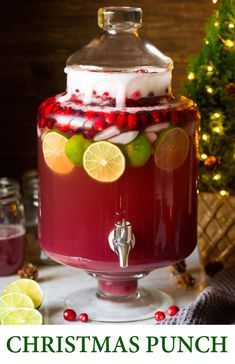 a large glass jar filled with liquid and garnished with limes, pomegranates, and lemon wedges