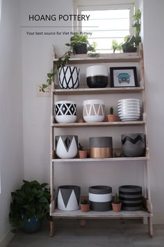 a shelf filled with pots and plants next to a window