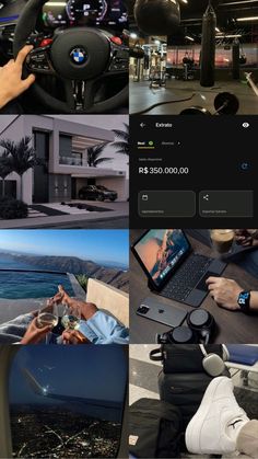 a collage of photos showing different things in the house and on the car's dashboard