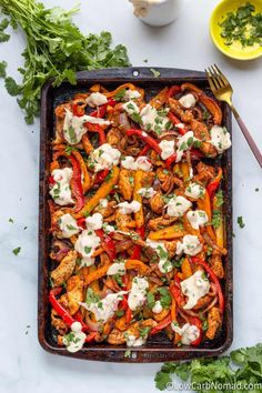 chicken fajita casserole with sour cream sauce and cilantro