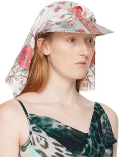 Silk satin scarf-style cap in tones of white and pink. · Graphic pattern printed throughout · Logo embroidered at face · Curved brim · Logo patch at side Supplier color: Multicolor White Cap Bonnet For Spring, White One Size Fits Most Headscarf For Spring, White Spring Visor Hat, White Spring Visor, One Size Fits Most, White One-size Spring Visor, White Visor Hat For Spring, White Visor For Spring, One Size Fits Most, White Visor One Size Fits Most For Spring, White Headscarf For Beach, One Size Fits Most