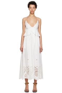 Stella McCartney: White V-Neck Maxi Dress | SSENSE Stella Mccartney Dress, Stella Mccartney Dresses, Twill Dress, Embroidered Maxi Dress, Bridal Looks, Stella Mccartney, Day Dresses, Linen Blend, Spaghetti Strap