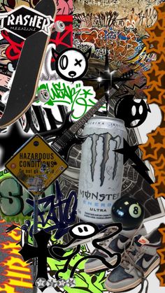 a collage of skateboards, graffiti and other items are shown in this image