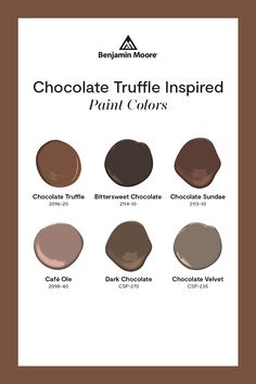 Deep, rich, decadent... this chocolate truffle-inspired paint color palette from Benjamin Moore is ready to bring the deliciously dark vibes. Chocolate Brown Paint Colour Palettes, Paint Colour Palettes, Painters Pallet, Chocolate Brown Paint, Chocolate Paint, Fall Paint Colors, Outside House Paint, Interior Updates, Ashley Bedroom