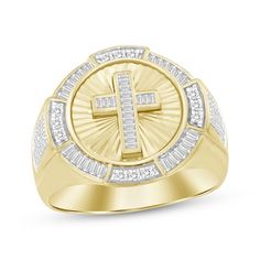 a gold ring with a cross and diamonds on the front, set in 18k yellow gold