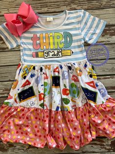 Adorable back to school outfit! 3rd grade printed on the top of this cute school themed dress.   Bow and other accessories shown not included. Want different colors?  Or need something custom?  Message me with your requests! Fitted Spring School Dresses, Fitted Dresses For School In Spring, Fitted Spring Dresses For School, Spring Short Sleeve School Dress, Fitted Short Sleeve Dress For School, Spring School Cotton Dresses, Spring Cotton School Dress, Preppy Short Sleeve School Dress, Preppy Short Sleeve Dresses For School