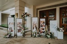 an outdoor ceremony with flowers and pictures