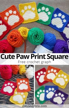 crochet paw print square is shown on the floor with yarn and balls of yarn