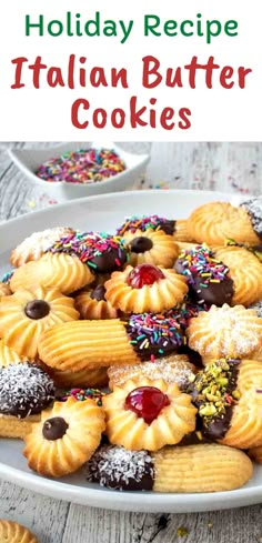 holiday recipe italian butter cookies with sprinkles and cherries on a white plate