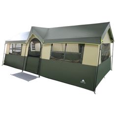 a green and beige tent with windows on the side, in front of a white background