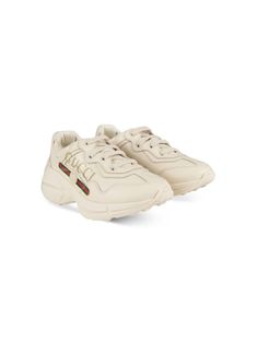 beige leather round toe front lace-up fastening logo patch at the tongue logo print to the side signature Web-stripe trim chunky sole Gucci Kids, Print Sneakers, Designer Sneakers, Boys Shoes, Vintage Gucci, Kids House, Kids Accessories, Logo Print, Girls Shoes