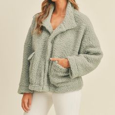 Brand New With Tags Women's Oversized Sherpa Jacket/Sweater In Women's Size Small. Color Is A Sage Green. Buttons Are Magnet Snap Closure. Button Details Are Amazing! Great For Fall! This Jacket Can Fit Up To A Size Medium/Large Comfortably. Boutique Brand. No Rips Stains Or Tears. Smoke Free Home. Cozy Outerwear With Soft Texture For Fall, Soft Texture Fleece Jacket For Fall, Cozy Green Fleece Jacket For Fall, Green Cozy Fit Winter Outerwear, Cozy Fit Green Winter Outerwear, Green Comfortable Winter Outerwear, Soft Textured Winter Outerwear For Loungewear, Soft Textured Outerwear For Fall, Fall Long Sleeve Outerwear With Soft Texture