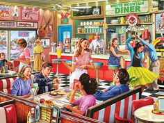 a painting of people eating at a diner