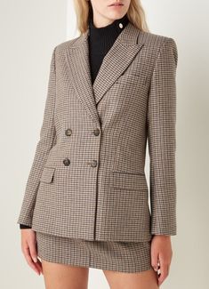 Important note: This jacket was used as a prop during professional photo shoot, for some reason wash  label was cut. All the measurements you can see in the photo gallery. Micro houndstooth in black and brown brings retro British style to a slightly boxy and oversized blazer in a luxe wool blend. Double-breasted button closure Peaked lapels Three-button cuffs Chest welt pocket; front flap pockets Side vents Lined 39% wool, 32% polyester, 26% acrylic, 2% polyamide, 1% viscose Dry clean Classic Houndstooth Office Blazer, Classic Houndstooth Blazer For Office, Tailored Tweed Jacket With Houndstooth Pattern For Business Casual, Classic Double-breasted Houndstooth Blazer, Brown Tweed Jacket With Double Button Closure For Business, Tweed Jacket With Houndstooth Pattern For Business Casual, Brown Double-breasted Outerwear For Office, Brown Double-breasted Blazer For Office, Brown Tweed Jacket With Notch Lapel For Work