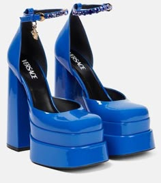 Medusa Aevitas Patent Leather Platform Pumps in Blue - Versace | Mytheresa Blue Platform Shoes, Versace Pumps, Blue Platform Heels, Versace Heels, Dr Shoes, Versace Shoes, Blue Pumps, Fancy Shoes, Blue Heels