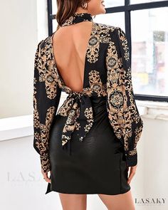 Lasaky - Delicately Designed Baroque Print Puff Lantern Sleeve Backless Top Casual Blouse Women, Blouse Size Chart, Baroque Print, Backless Blouse, Shirts Women Fashion, Backless Top, Blouse Material, Women Blouses, Casual Chic Style