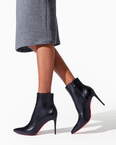 Black leather ankle boots from Christian Louboutin. The So Kate boots have a 85mm heel, a pointed toe and a zip-closure at the side.True to sizeSignature red soleMade in Italy Louboutin Online, Christian Louboutin So Kate, So Kate, Black Leather Ankle Boots, Red Sole, Office Fashion, Black Booties, Leather Ankle Boots, Online Boutique