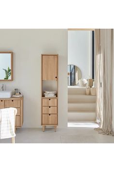 Solid Oak Tall Bathroom Cabinet | Tikamoon Jonak | Woodfurniture.com Small Bathroom Storage Cabinet, Oak Vanity Unit, Tall Storage Unit, Bathroom Tall Cabinet, Tall Bathroom, Bathroom Furniture Storage, Oak Bathroom, Linen Cabinet, Bathroom Units