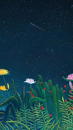 the night sky is full of stars and flowers, as well as some green plants