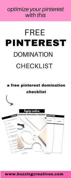 the free pinterest checklist is shown in pink and white with text that reads,