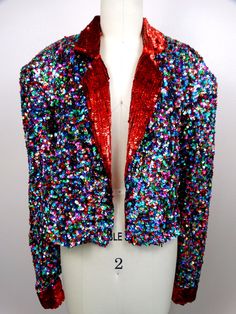 "This is such a colorful vintage piece! It's completely hand embellished with bright and colorful sequins and is in excellent condition! Measurements are taken with the front brought together and both bottom closures intact. Bust - 48\" Waist - 40\" (taken around bottom hem) Length - 19\" Tag Size - Extra Large All of my items come from a smoke-free and pet-free home. If you have any questions, please don't hesitate to ask!" Multicolor Sequined Party Outerwear, Party Multicolor Sequined Outerwear, Multicolor Sequined Outerwear For Party Season, Fitted Multicolor Outerwear For Party, Fitted Multicolor Sequined Outerwear, Multicolor Embellished Party Outerwear, Embellished Multicolor Party Outerwear, Hawaiian Cruises, Checkered Jacket